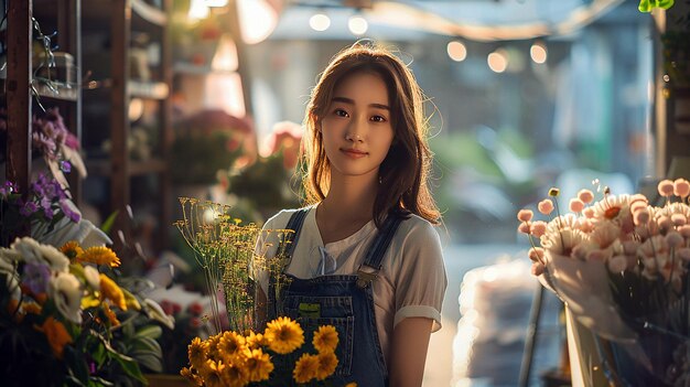 Foto uma mulher de avental com flores na frente dela