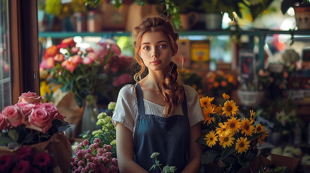 Foto uma mulher de avental em frente a uma florista