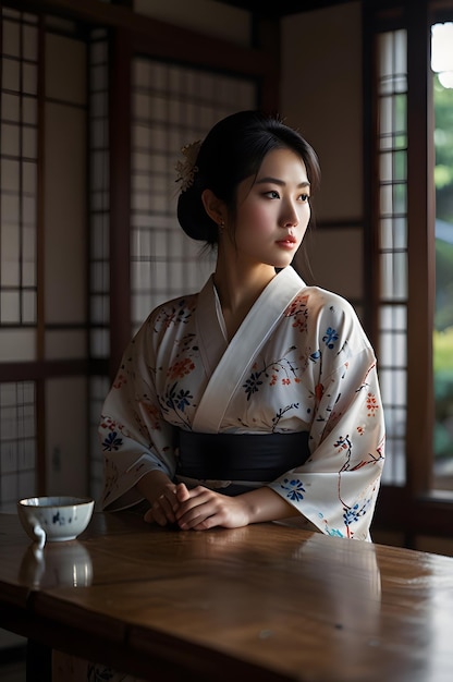 Foto uma mulher de kimono senta-se em uma mesa com uma chávena de chá na frente dela