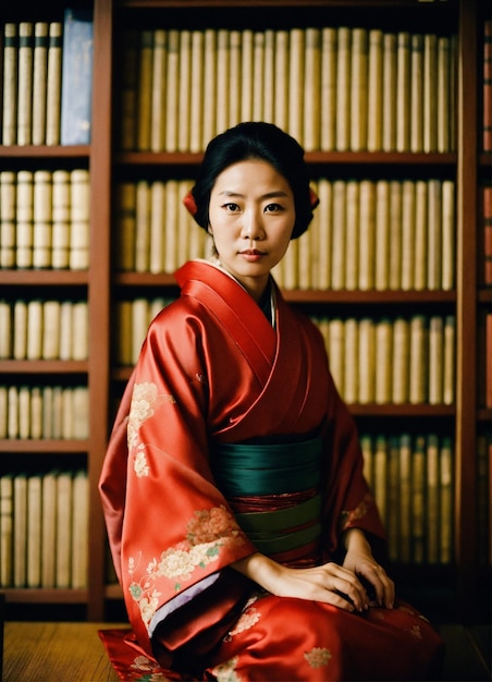 Foto uma mulher de kimono senta-se numa biblioteca com livros