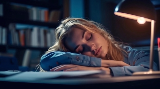 Uma mulher dorme em uma mesa em um quarto escuro depois de estudar