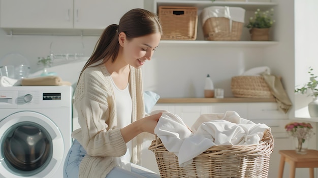 Foto uma mulher está lavando uma roupa em uma cozinha