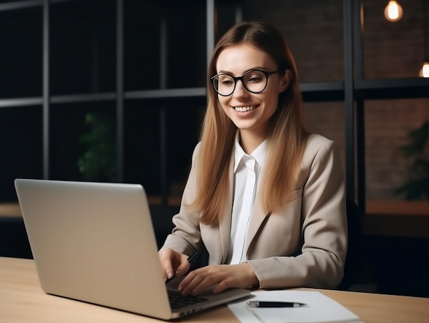 Uma mulher está sentada em uma mesa em frente a um laptop.