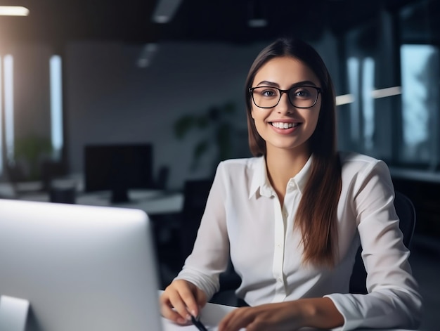 Uma mulher está sentada em uma mesa em um escritório, sorrindo e olhando para a câmera.