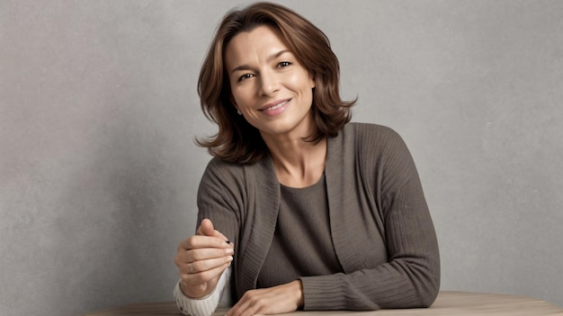 Foto uma mulher está sorrindo e segurando uma caneta na mão