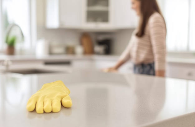 Foto uma mulher limpando um balcão da cozinha com uma luva amarela na mão