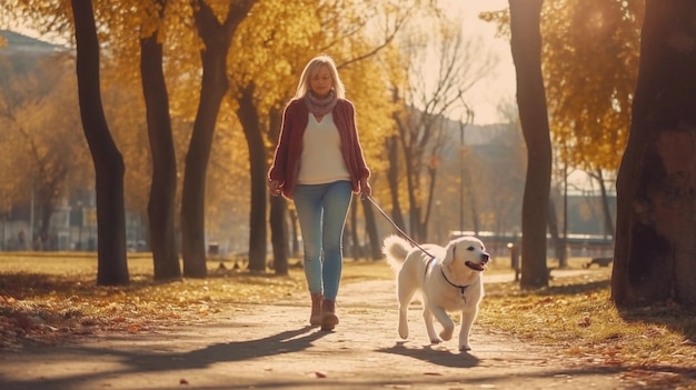 Uma mulher passeia com um cachorro em um parque com folhas de outono no chão.