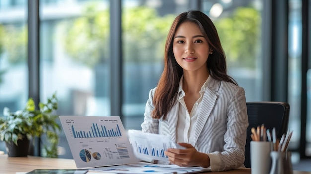 Foto uma mulher profissional asiática apresentando resultados financeiros trimestrais com gráficos