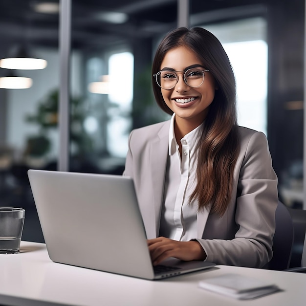 Uma mulher se senta em uma mesa com um laptop e sorri.