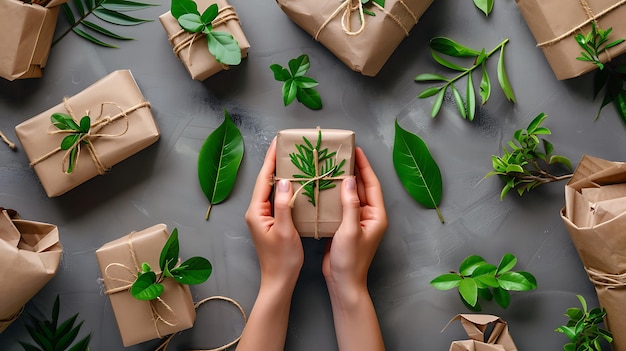 Foto uma mulher segurando um presente embrulhado em papel marrom com folhas verdes