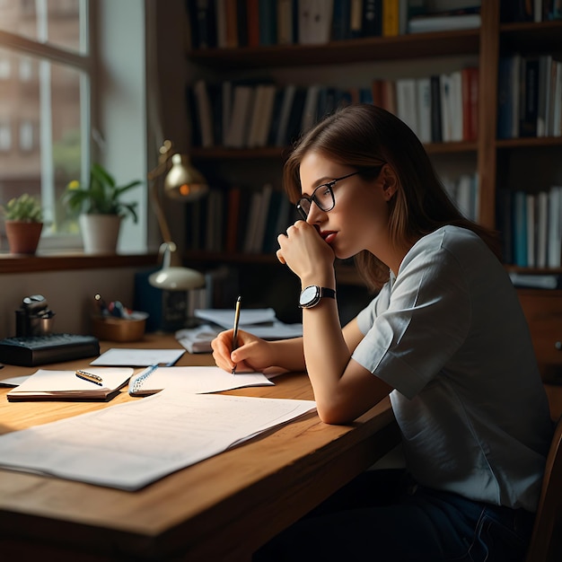 Foto uma mulher senta-se em uma mesa escrevendo em um caderno