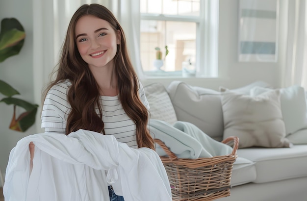 Foto uma mulher senta-se num sofá com uma cesta cheia de roupas