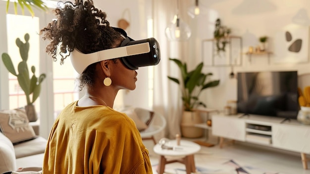 uma mulher usando um fone de ouvido de realidade virtual está olhando para uma tela