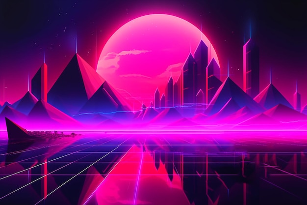 Uma paisagem neon com montanhas e uma paisagem neon.