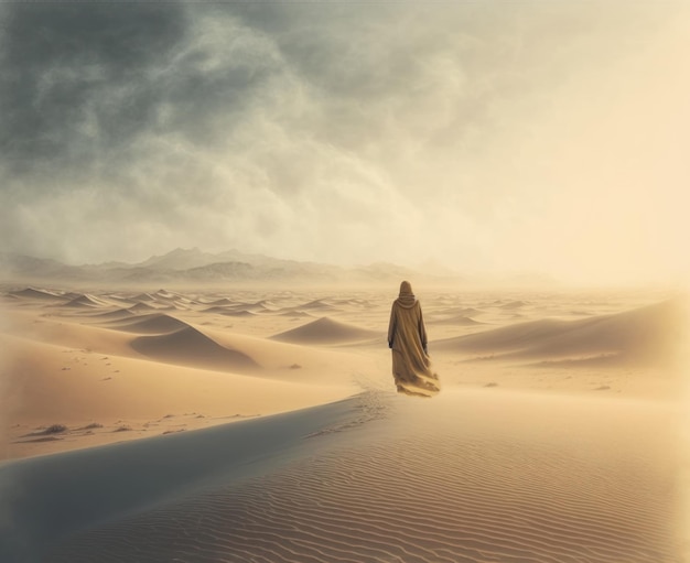 Uma pessoa em um deserto com uma longa capa e um cobertor na cabeça.