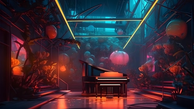 Uma pintura digital de um piano em uma sala escura com uma luz rosa e um grande número de luzes.