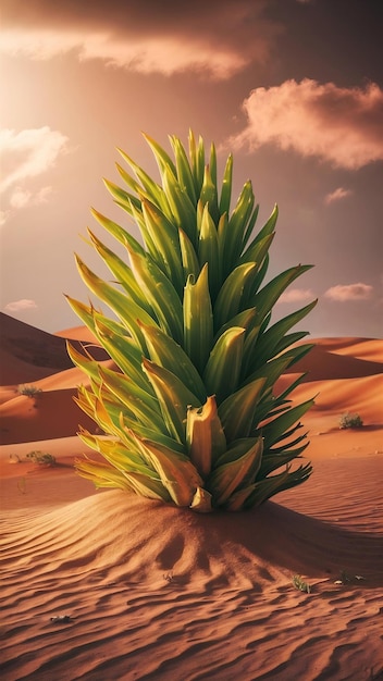 Uma planta no deserto com o sol atrás dela