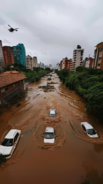 Foto uma rua inundação tem uma rua inundada com carros dirigindo através dela