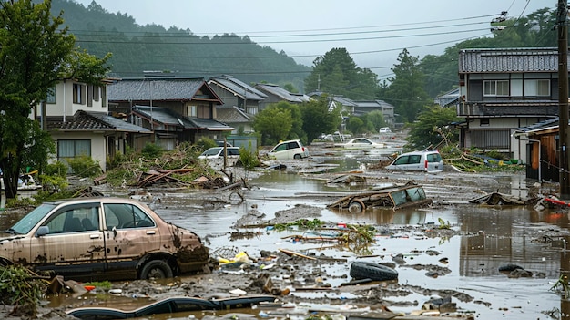 Foto uma rua inundada é cercada por escombros e um carro está estacionado na água