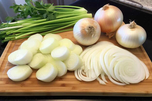 Foto uma tábua de cortar com cebolas cebolas e azeitona