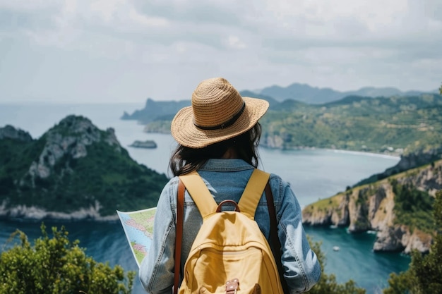 Foto uma viajante com um chapéu admirando as incríveis montanhas e lagos uma mulher elegante com um amarelo