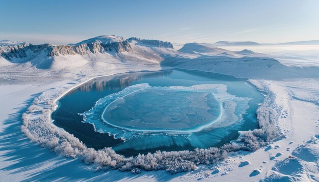 Foto uma vista aérea de um lago congelado cercado por montanhas cobertas de neve sob um céu limpo