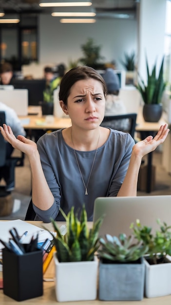 Foto unsichere und zweifelhafte startup-arbeiterin zuckt mit den armen, während sie am schreibtisch im büro sitzt