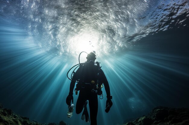 Foto unterwasseransicht eines tauchers, der mit sonnenstrahlen aus den tiefen schwimmt