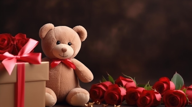 Urso de pelúcia ao lado de um bouquet de rosas e uma caixa de presentes em fundo marrom