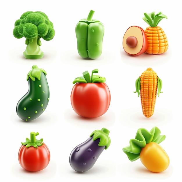 Vegetais e frutas conjunto de ícones de desenhos animados vetoriais 3D