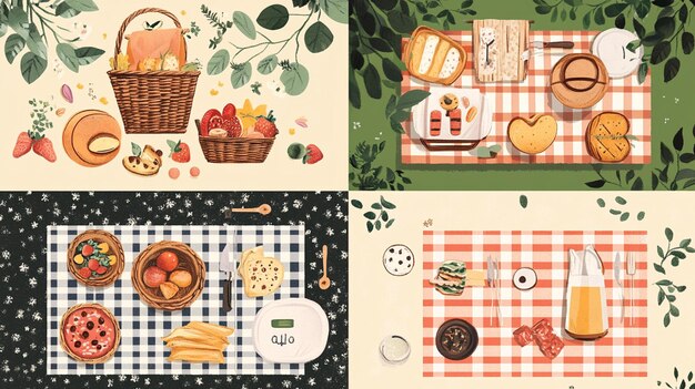 Foto vier verschiedene picnic-illustrationen