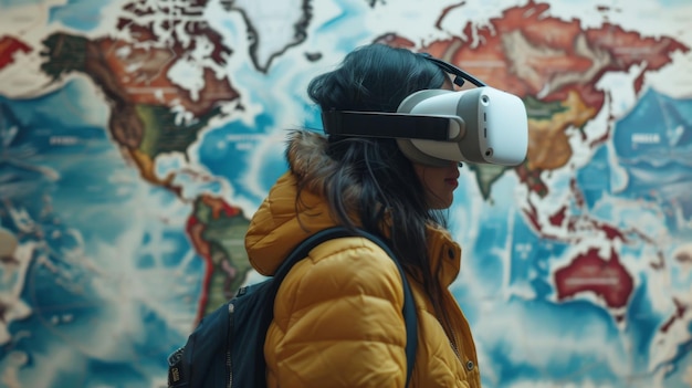 Foto virtuelle reiseerfahrung eine person, die ein vr-headset verwendet, um entfernte orte zu erkunden und die sehenswürdigkeiten und geräusche globaler destinationen von zu hause aus zu erleben