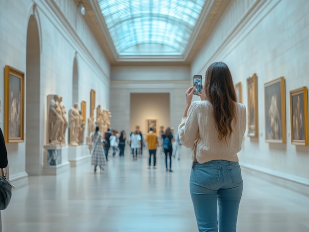 Foto visitantes tirando fotos de obras icônicas em um famoso museu