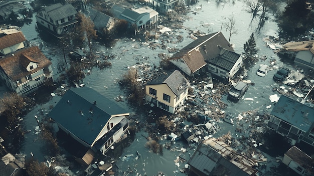 Foto vista aérea de um bairro inundado com casas submersas na água e escombros flutuando ao redor