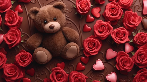 Vista de cima do urso sentado em chocolate com rosas e corações