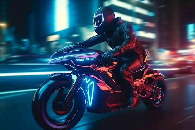 Von Cyberpunk entworfenes Motorrad mit wütendem Fahrer und generativer Hochgeschwindigkeits-KI