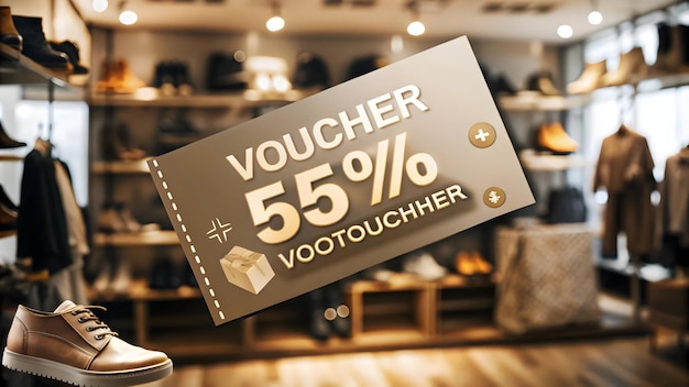 Voucher de compras levitando plano com ícones de desconto Promoções de varejo inovadoras para marketing Ca