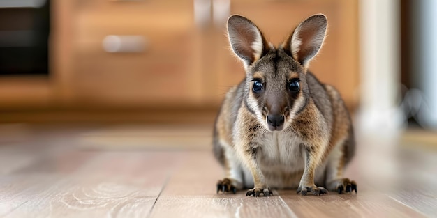 Foto wallaby no chão em uma cozinha moderna conceito fotografia de animais design de interiores ambientes únicos para animais de estimação espaços não tradicionais para gatos decoração de casa peculiar