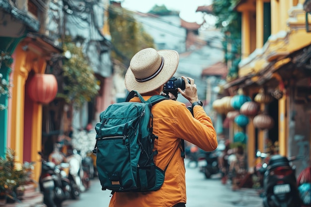 Foto wanderlust em pleno andamento capture suas explorações em uma vibrante e movimentada paisagem urbana enquanto descobre jóias escondidas e desfruta de cada momento