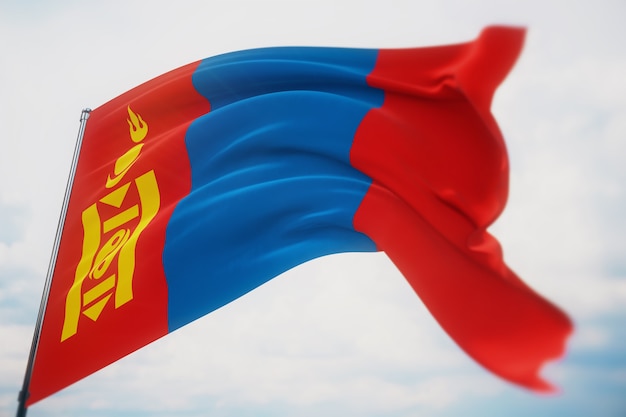 Wehende Flaggen der Welt - Flagge der Mongolei. Aufnahme mit geringer Schärfentiefe, selektiver Fokus. 3D-Darstellung.