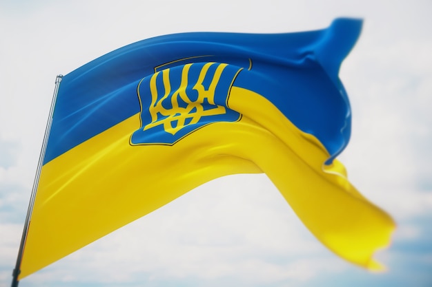 Wehende Flaggen der Welt - Flagge der Ukraine. Aufnahme mit geringer Schärfentiefe, selektiver Fokus. 3D-Darstellung.