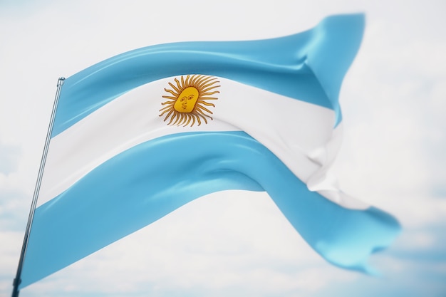 Wehende Flaggen der Welt - Flagge von Argentinien. Aufnahme mit geringer Schärfentiefe, selektiver Fokus. 3D-Darstellung.