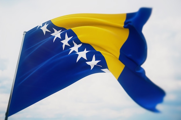 Wehende Flaggen der Welt - Flagge von Bosnien und Herzegowina. Aufnahme mit geringer Schärfentiefe, selektiver Fokus. 3D-Darstellung.