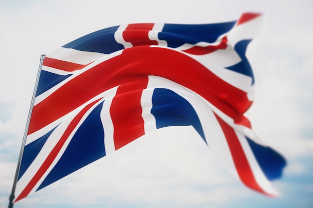 Wehende Flaggen der Welt - Flagge von Großbritannien. Aufnahme mit geringer Schärfentiefe, selektiver Fokus. 3D-Darstellung.