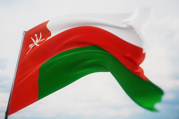 Wehende Flaggen der Welt - Flagge von Oman. Aufnahme mit geringer Schärfentiefe, selektiver Fokus. 3D-Darstellung.