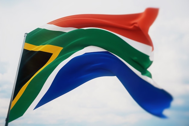 Wehende Flaggen der Welt - Flagge von Südafrika. Aufnahme mit geringer Schärfentiefe, selektiver Fokus. 3D-Darstellung.