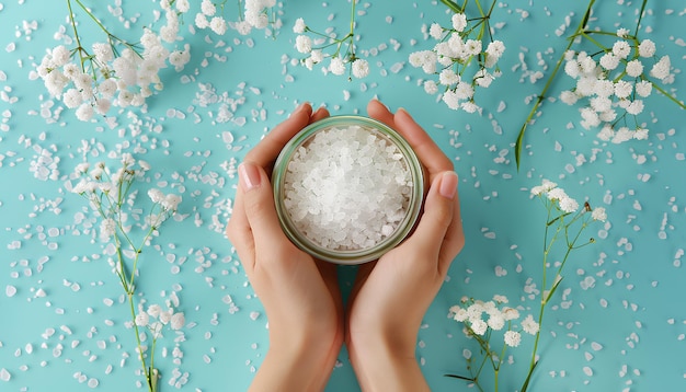 Weibliche Hände mit einem Krug mit Körper-Scrub-Kosmetika, Meersalz und Gypsophila-Blumen auf Blau