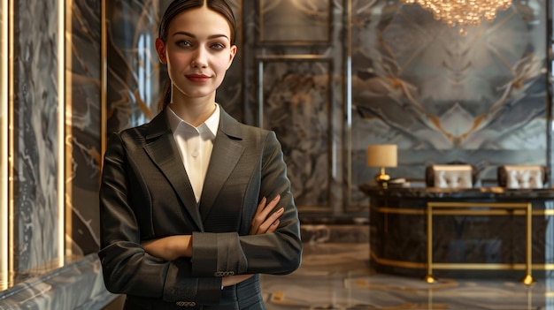 Foto weibliche hotelmanagerin begrüßt gäste in einem eleganten, luxuriösen lobby-copy-raum