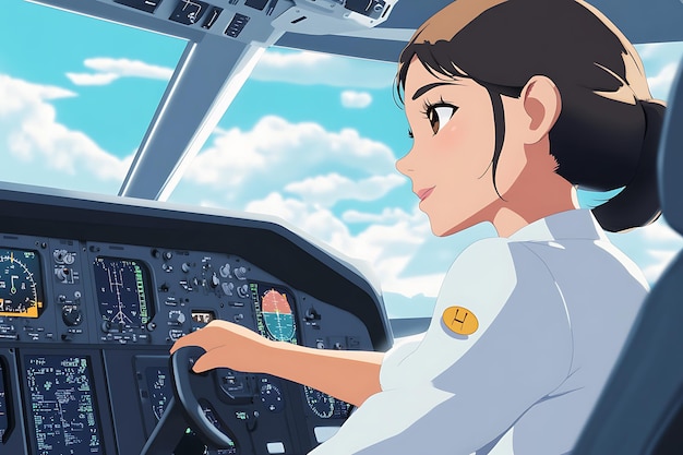 Foto weibliche pilotin im cockpit mit blauem himmel und wolken