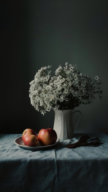 Foto weiße blumen und äpfel auf dem tisch